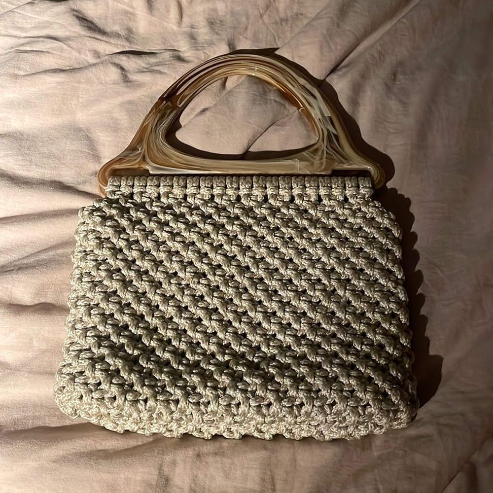 Macrame style vintage handbag with lucite marbled handles